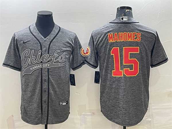 Mens Kansas City Chiefs #15 Patrick Mahomes Gray With Patch Cool Base Stitched Baseball Jersey